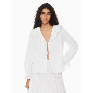 Aritzia Little Moon Carmela Poplin White Eyelet‎ Ruffle Tie Front Blouse NWT L